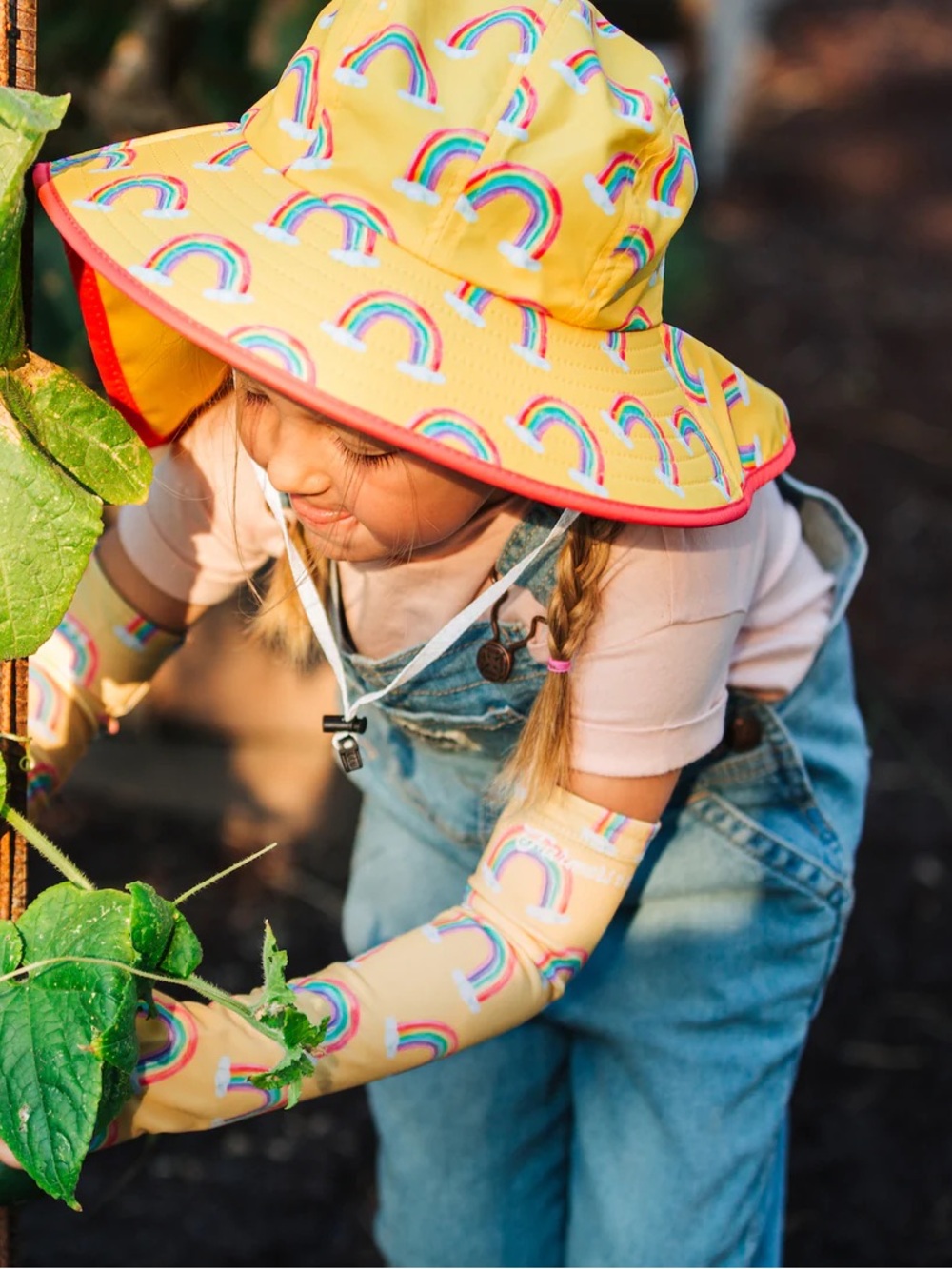 Kids Sun Hat with Neck Flap - Yellow Rainbow Print and arm matching sleeves